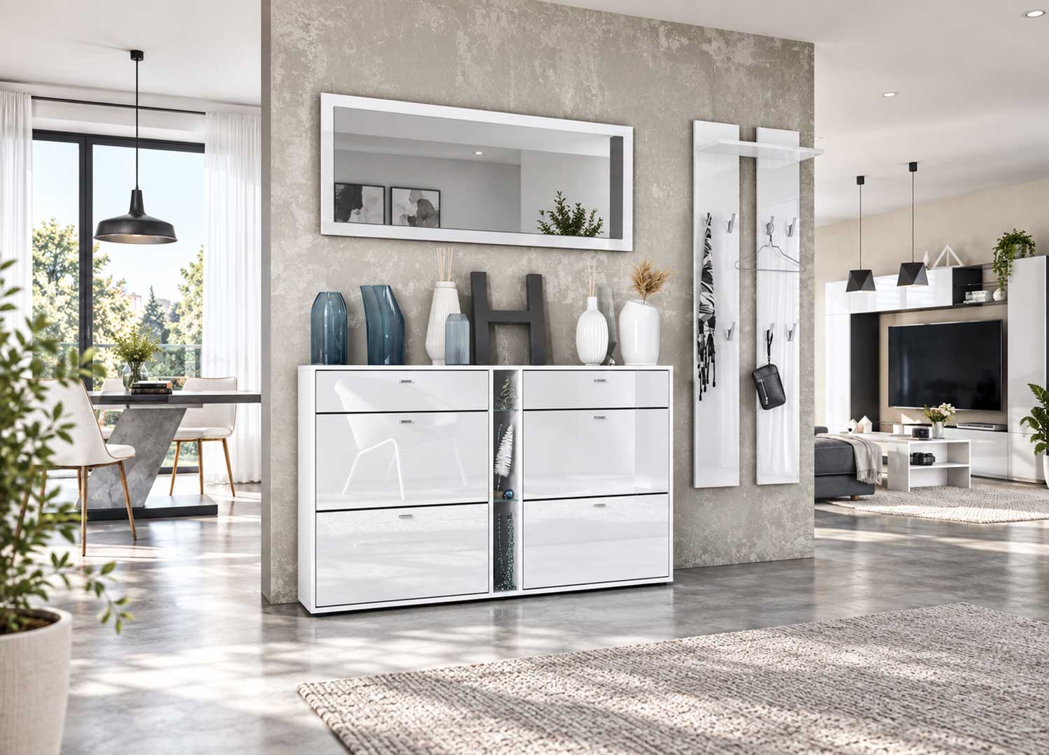 Meuble à chaussures blanc laqué brillant avec 6 compartiments de rangement dans une entrée moderne