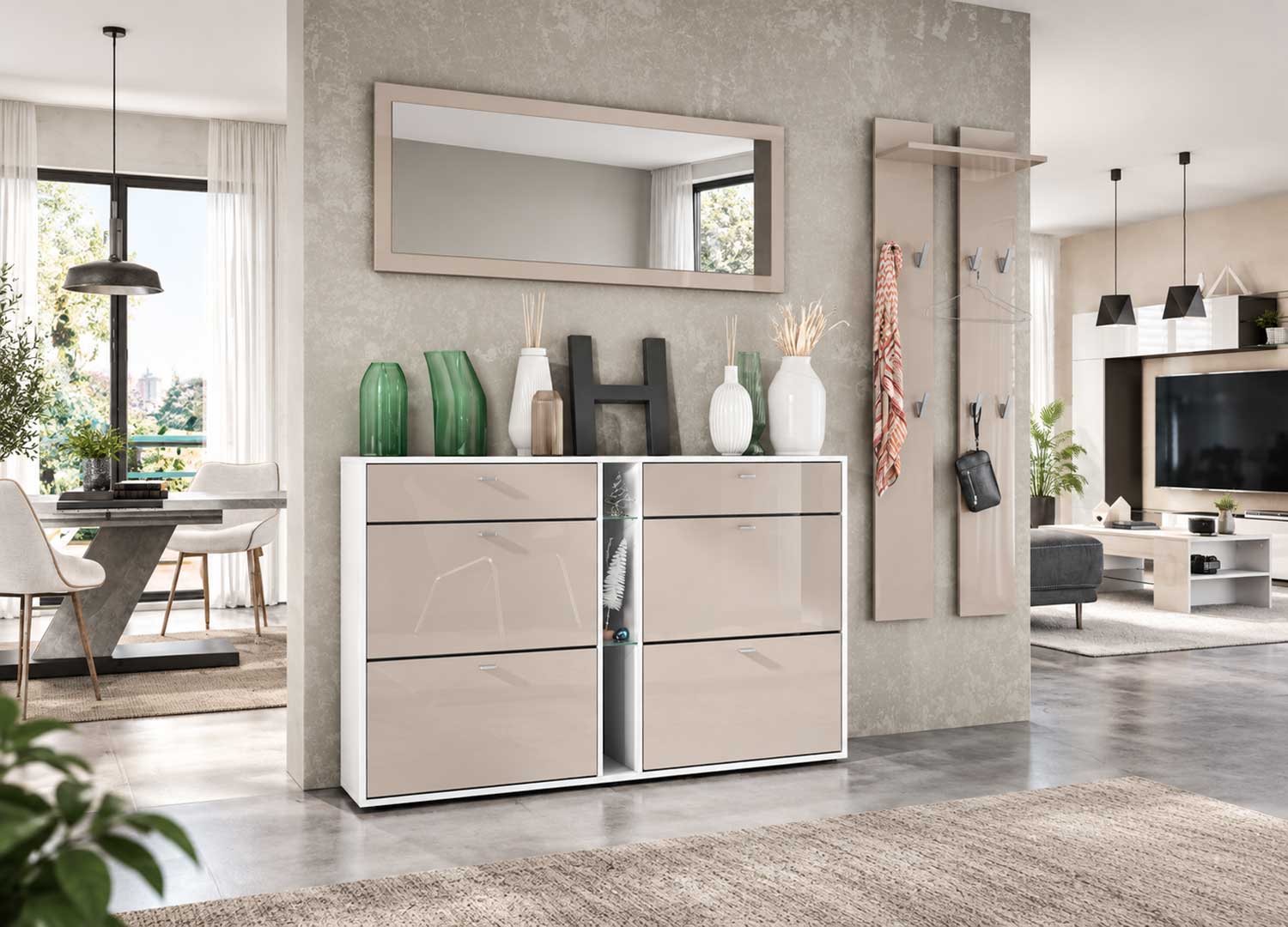 Meuble à chaussures grège laqué avec 6 compartiments et niche centrale en verre