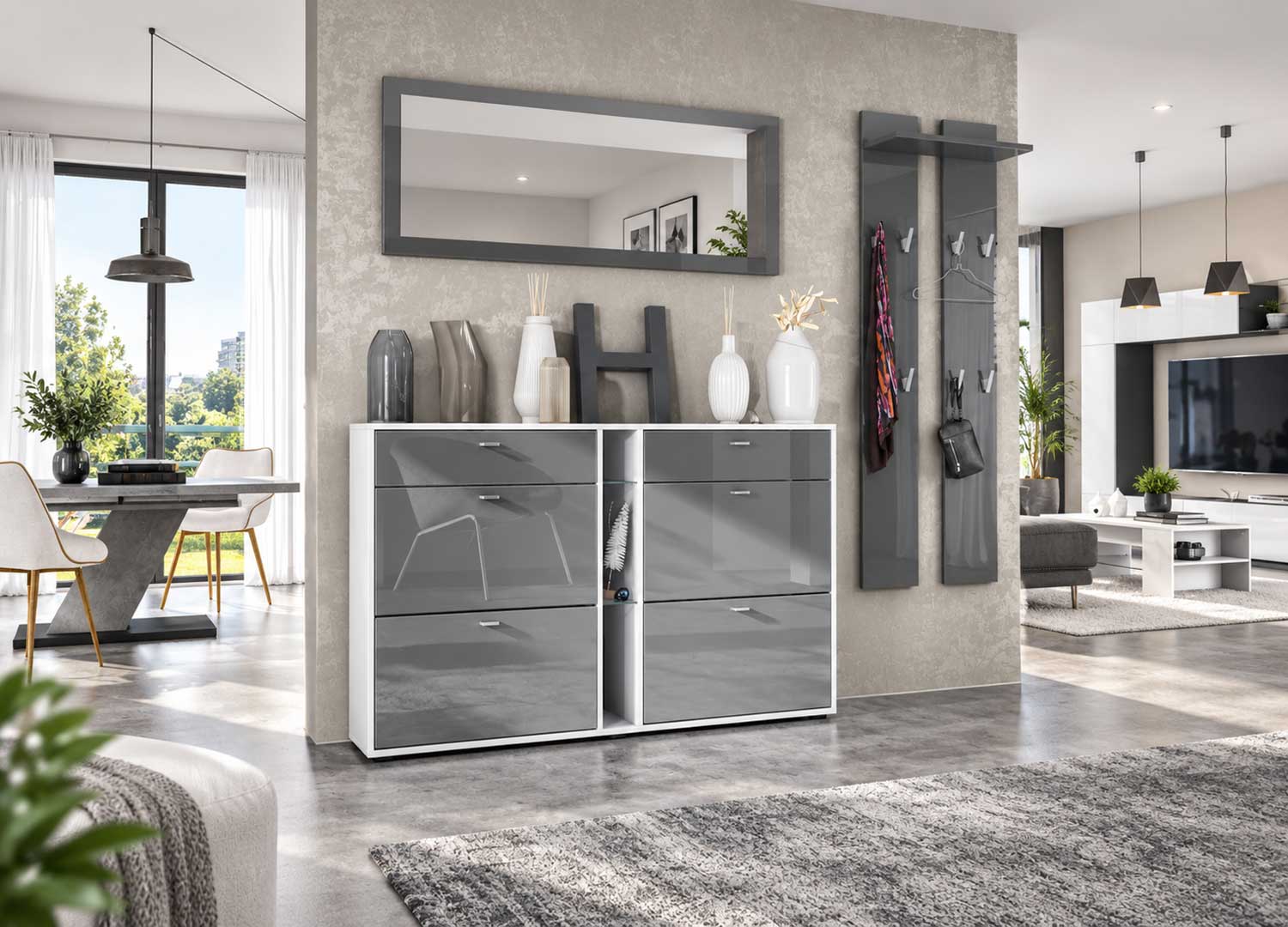 Meuble à chaussures gris graphite laqué avec rangements à abattants dans une entrée contemporaine