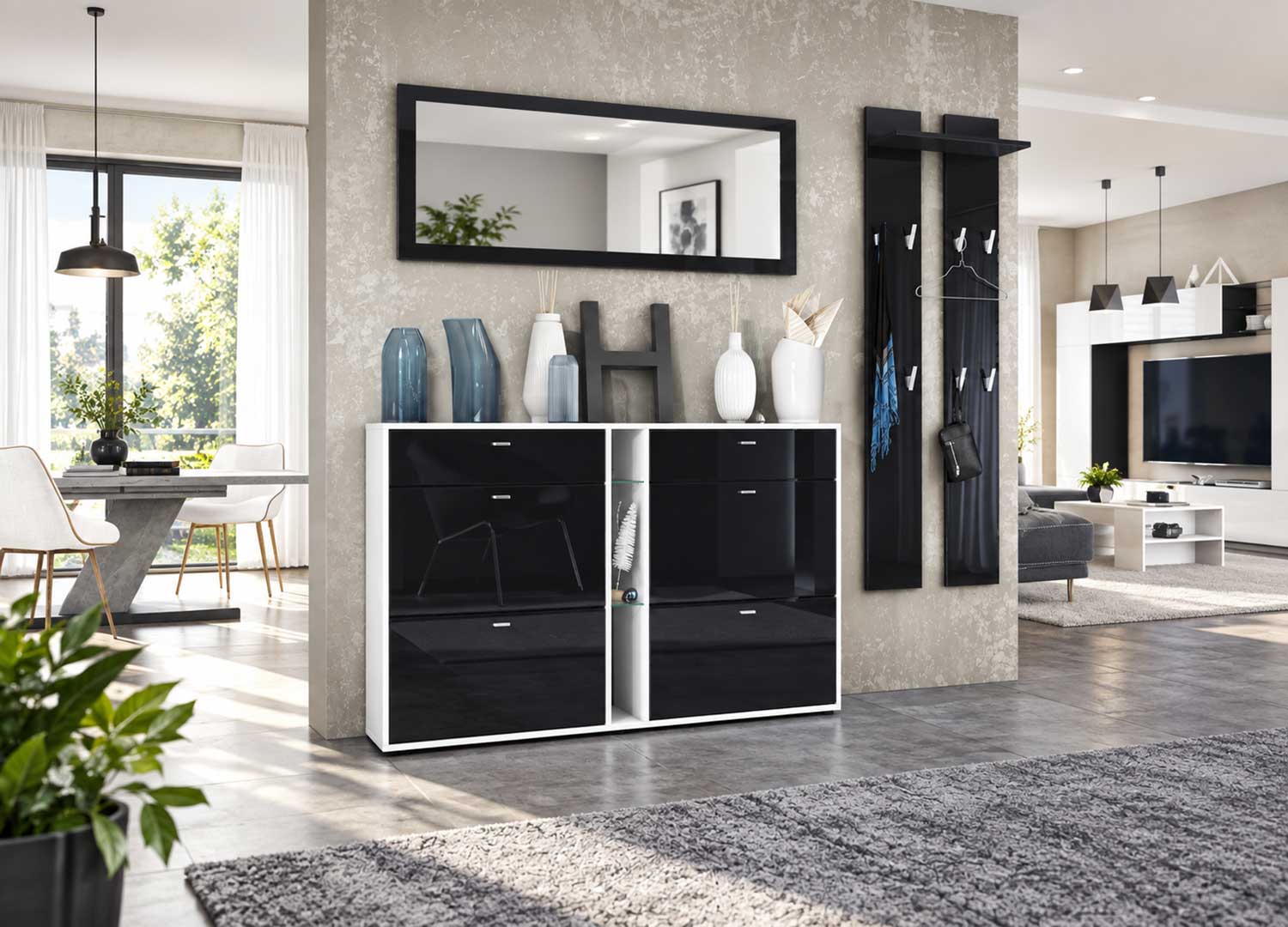 Meuble à chaussures noir laqué brillant avec 6 compartiments et niche centrale décorative