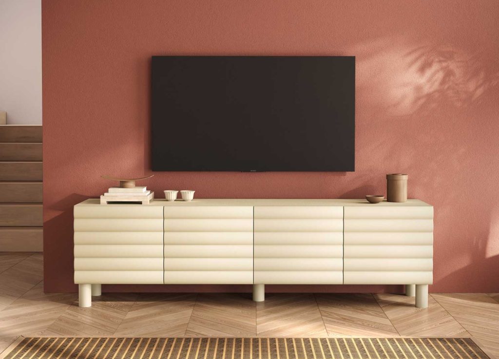 Meuble TV 4 portes crème ALBA 202 cm aux façades en relief