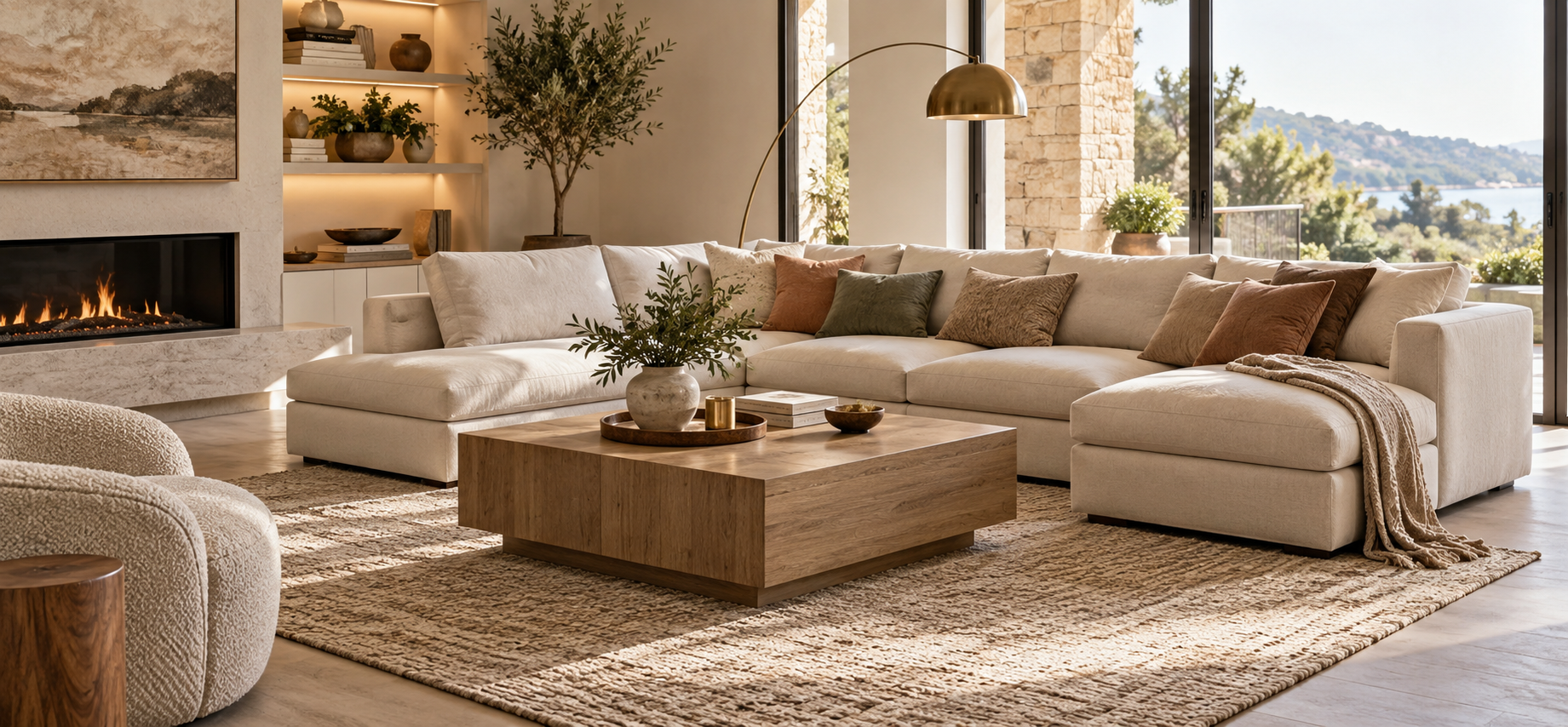 Table basse adaptée à un canapé d'angle dans un salon lumineux