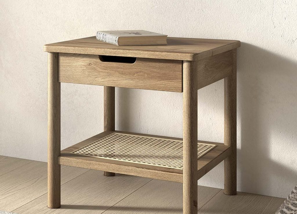 Table de chevet ado avec tiroir chêne et rotin Olive