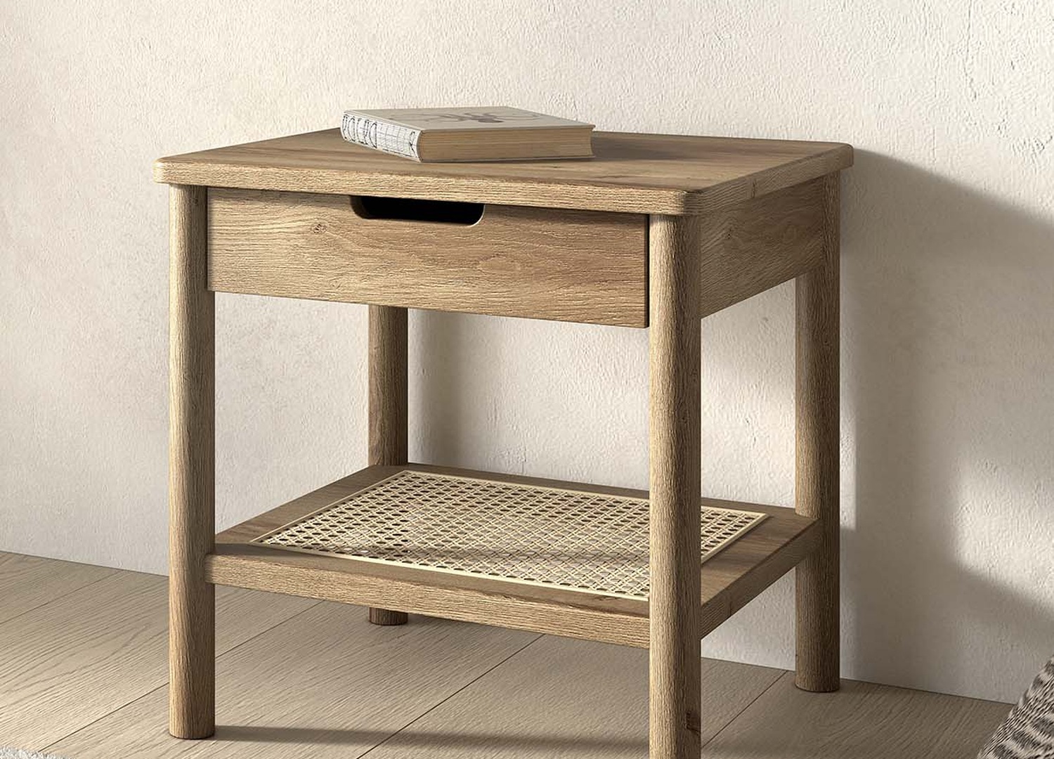 Table de chevet ado avec tiroir chêne et rotin Olive