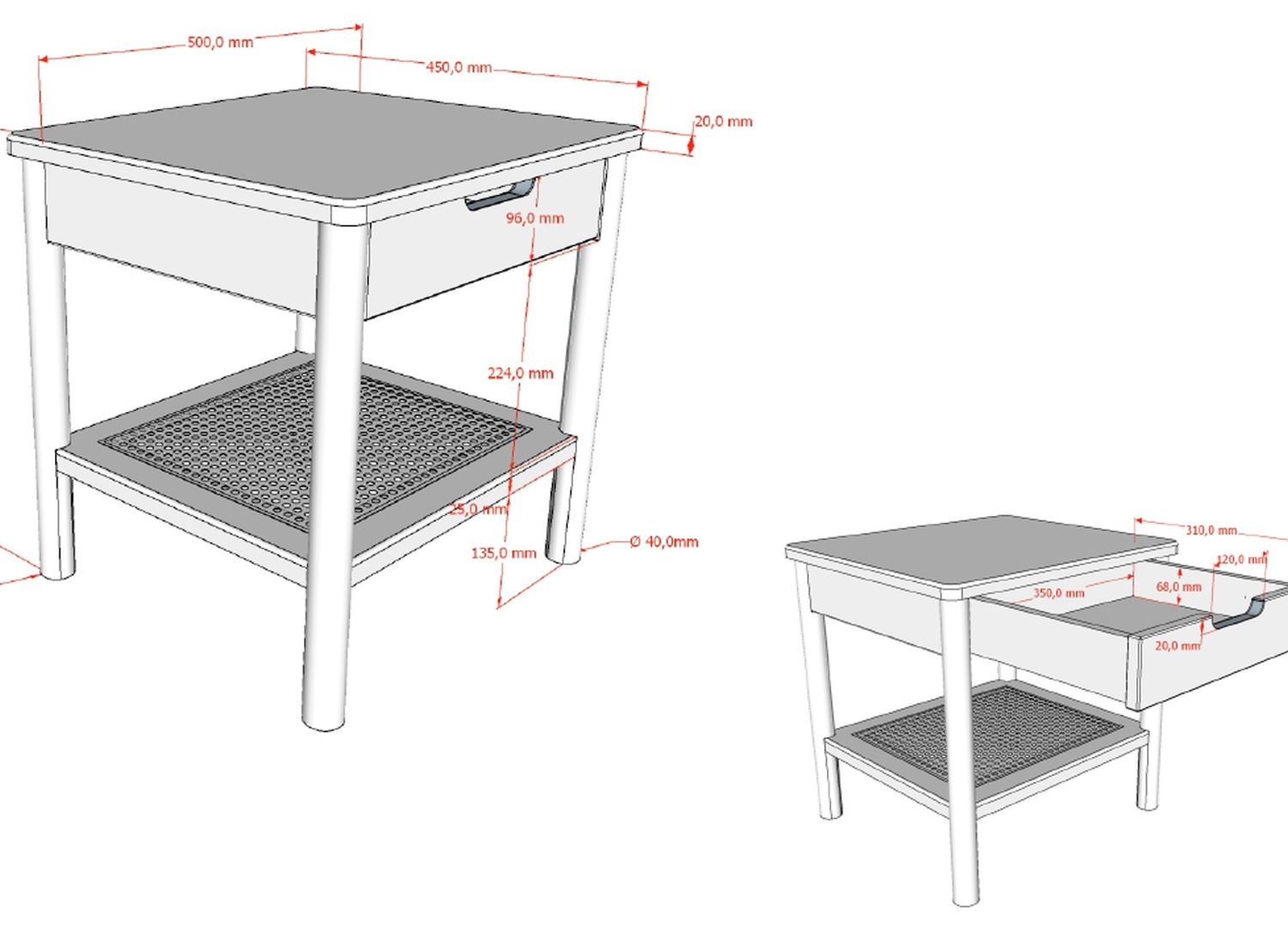 Table de chevet ado avec tiroir chêne et rotin Olive – Image 3