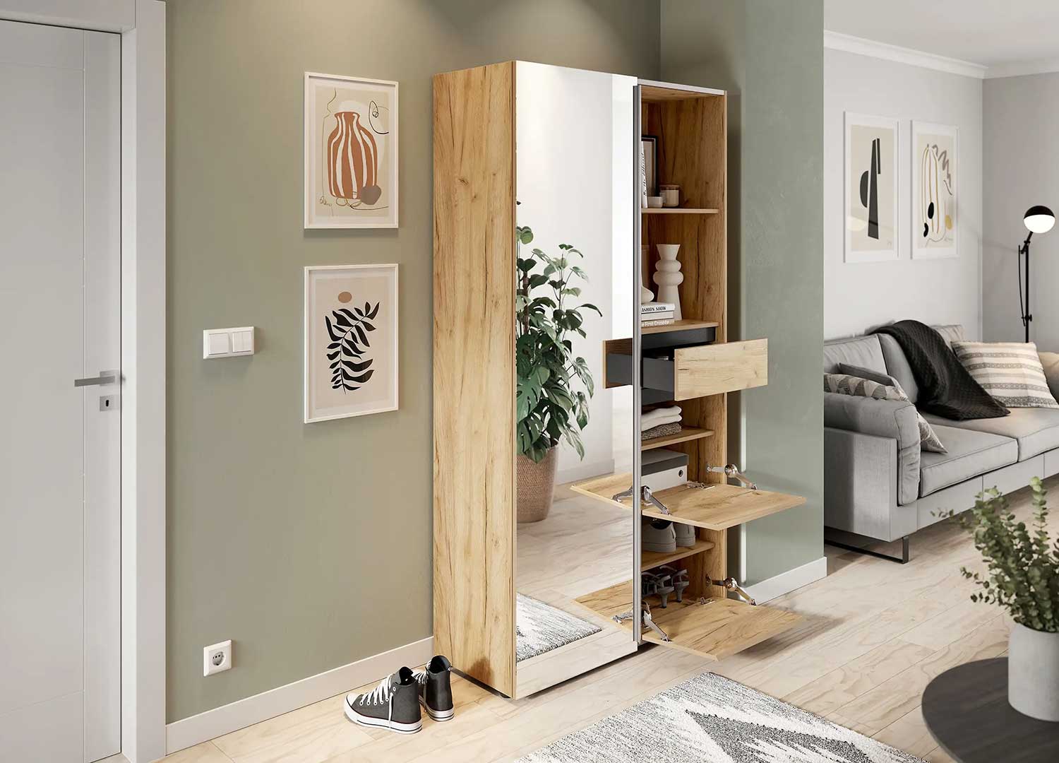 armoire d'entrée avec tiroirs et niches ouvertes