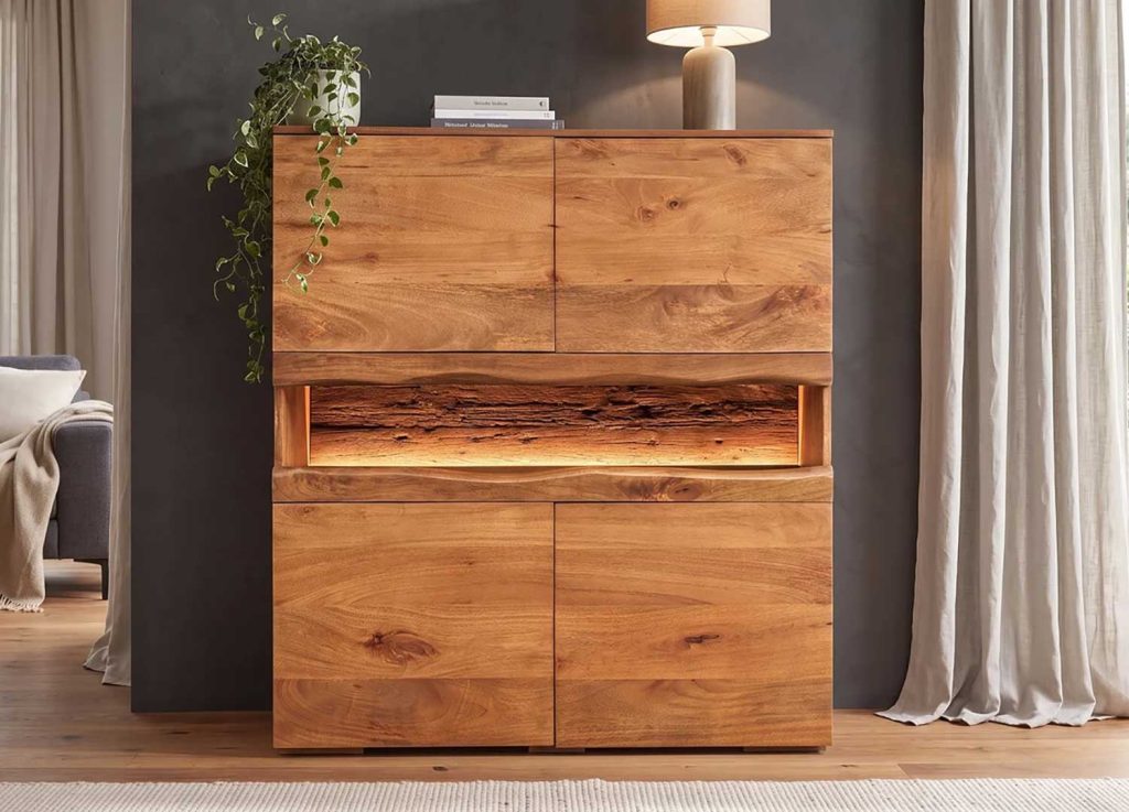 Buffet haut SAVEN en manguier massif 120 cm avec 4 portes et LED