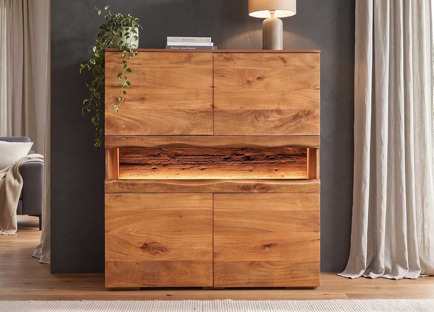 Buffet haut SAVEN en manguier massif 120 cm avec 4 portes et LED