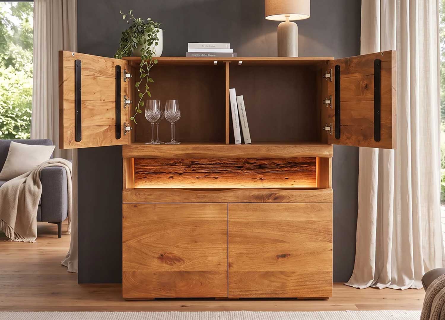 Buffet haut SAVEN ouvert avec 4 compartiments de rangement