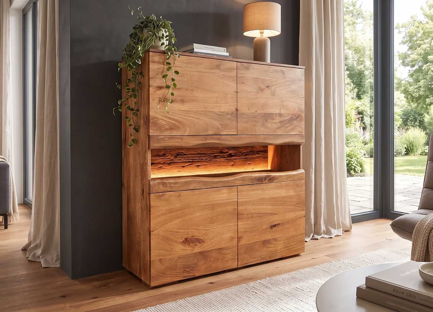 Buffet haut 4 portes en manguier massif SAVEN finition marron