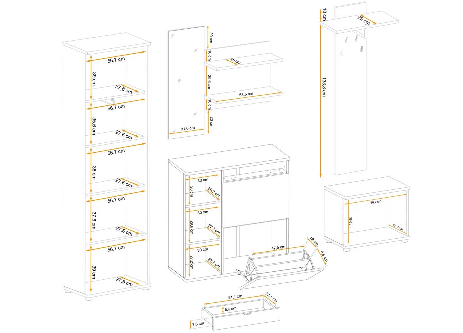 Détail des dimensions de l'ensemble d'entrée vestiaire