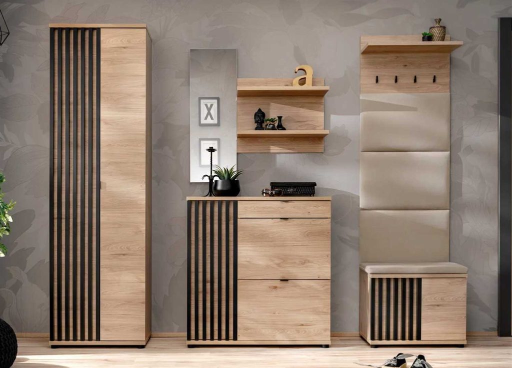 Ensemble entrée vestiaire design chêne et effet tasseaux