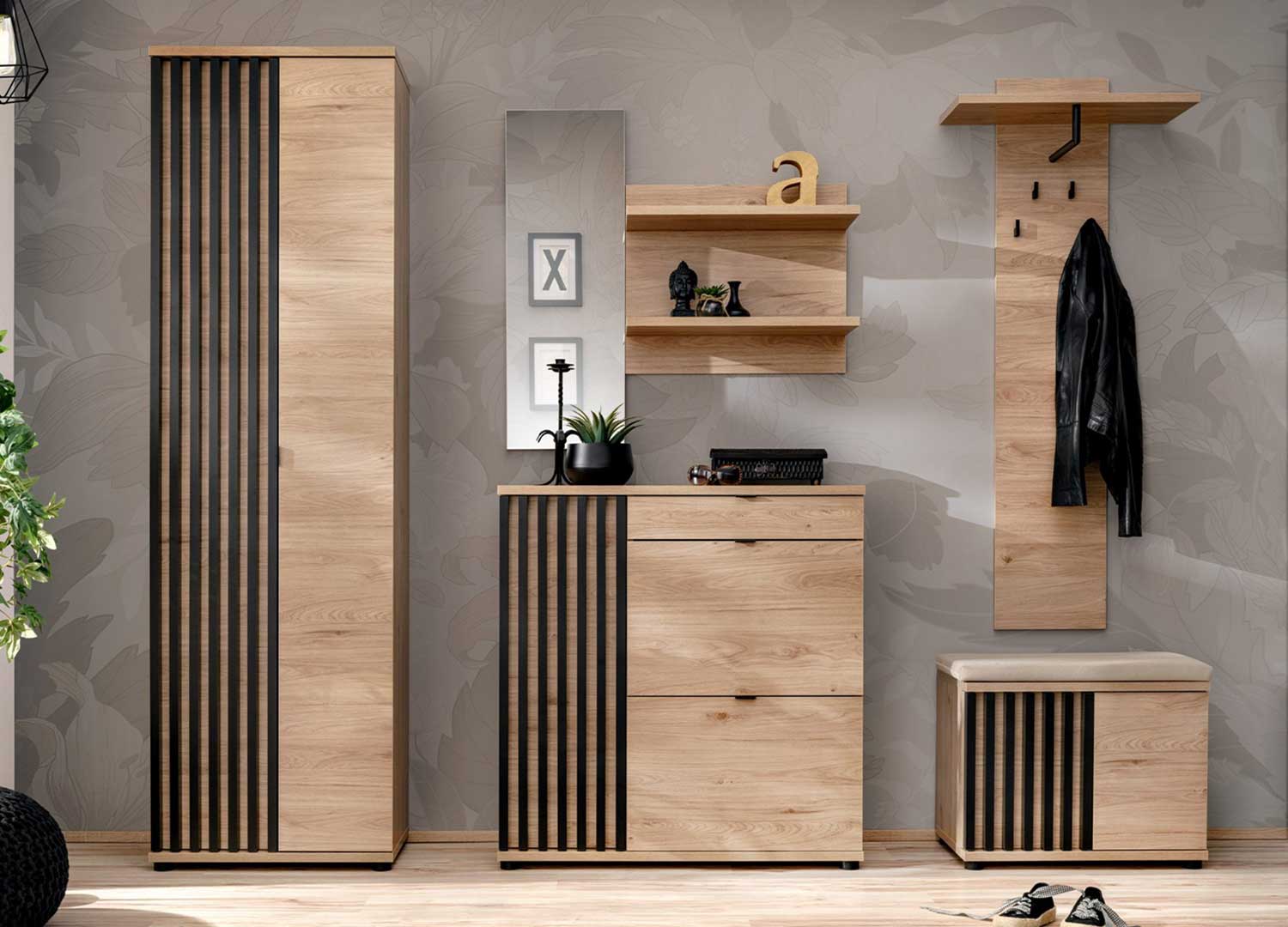 Ensemble entrée vestiaire moderne chêne et noir