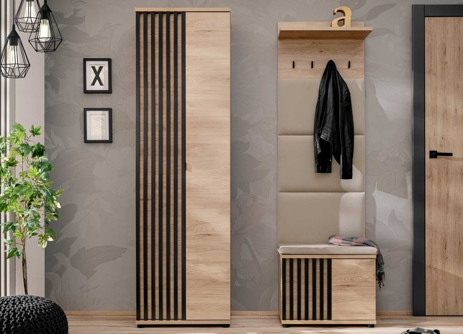 Ensemble d'entrée chic complet chêne et lamelles noires
