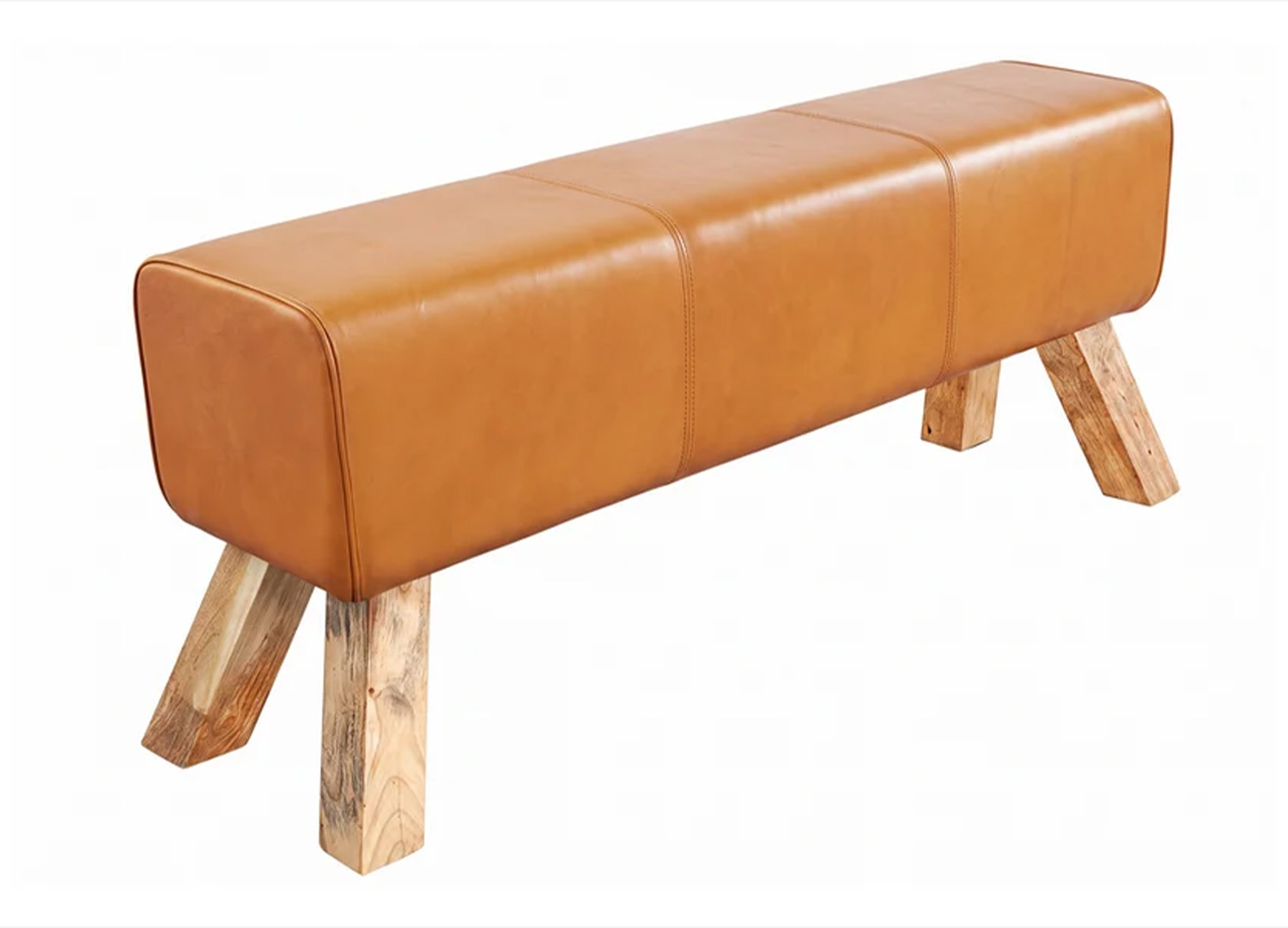 Banc CALVEO de 120 cm en cuir cognac avec assise rembourrée et pieds inclinés en bois sur fond blanc