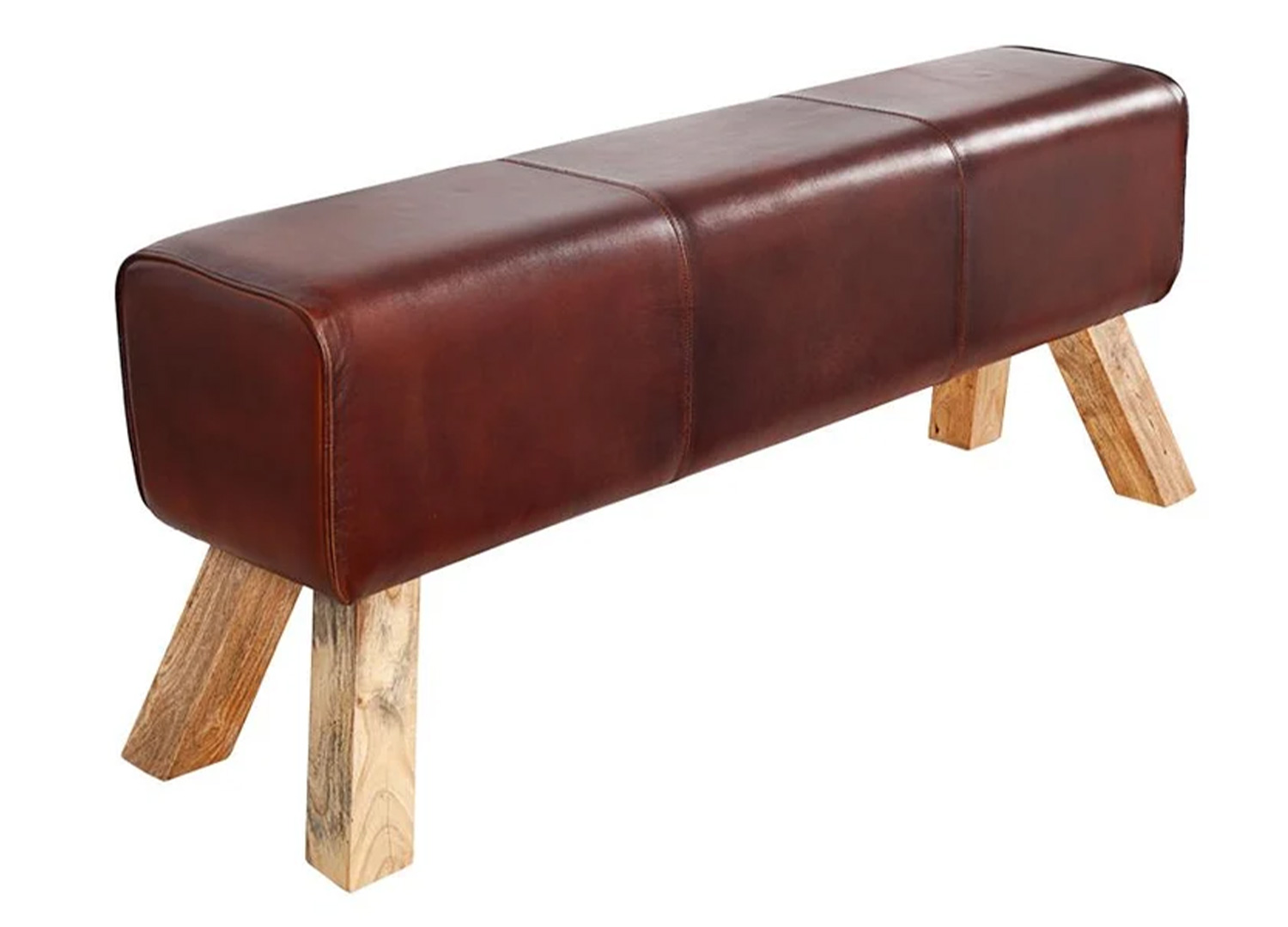 Banc CALVEO en cuir marron café avec assise rembourrée et piètement incliné en bois sur fond blanc