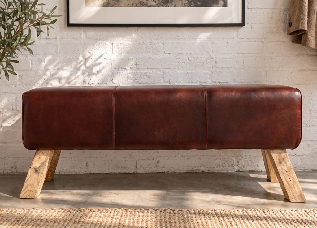 Banc d'entrée rétro en cuir marron foncé