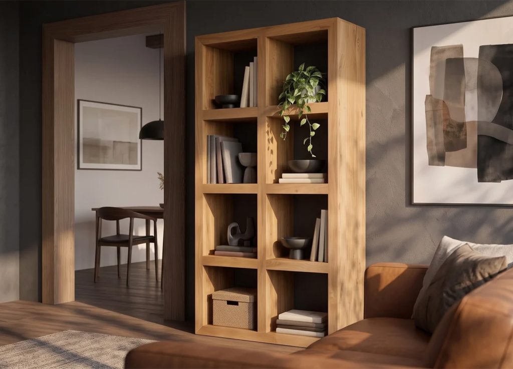 Bibliothèque KAVERO en bois de manguier vue de trois quarts avec structure épaisse et compartiments sans fond