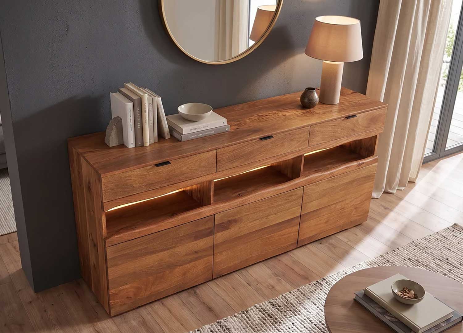 buffet design bois de manguier avec LED