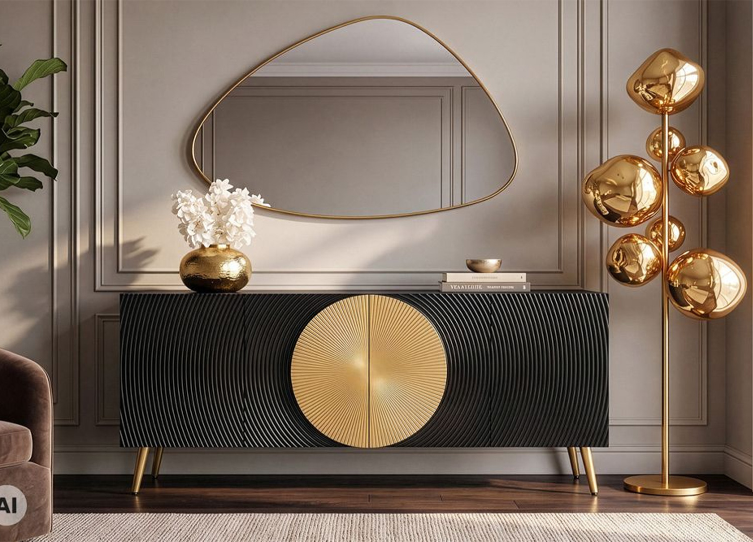 Grand buffet noir à portes striées et cercle doré installé dans un intérieur contemporain