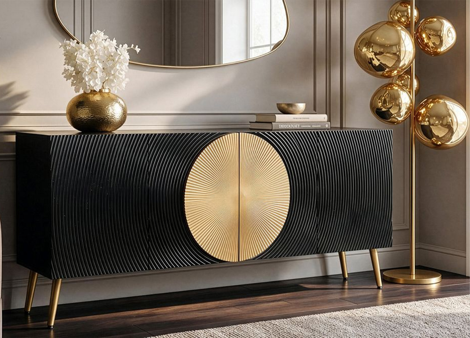 Buffet noir avec décor central doré sous un miroir mural, accompagné d’un luminaire doré