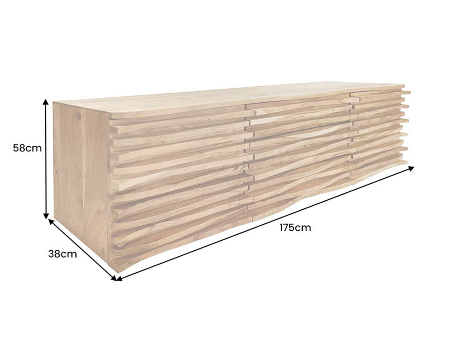 Dimensions du buffet suspendu en acacia : largeur 175 cm, hauteur 58 cm et profondeur 38 cm