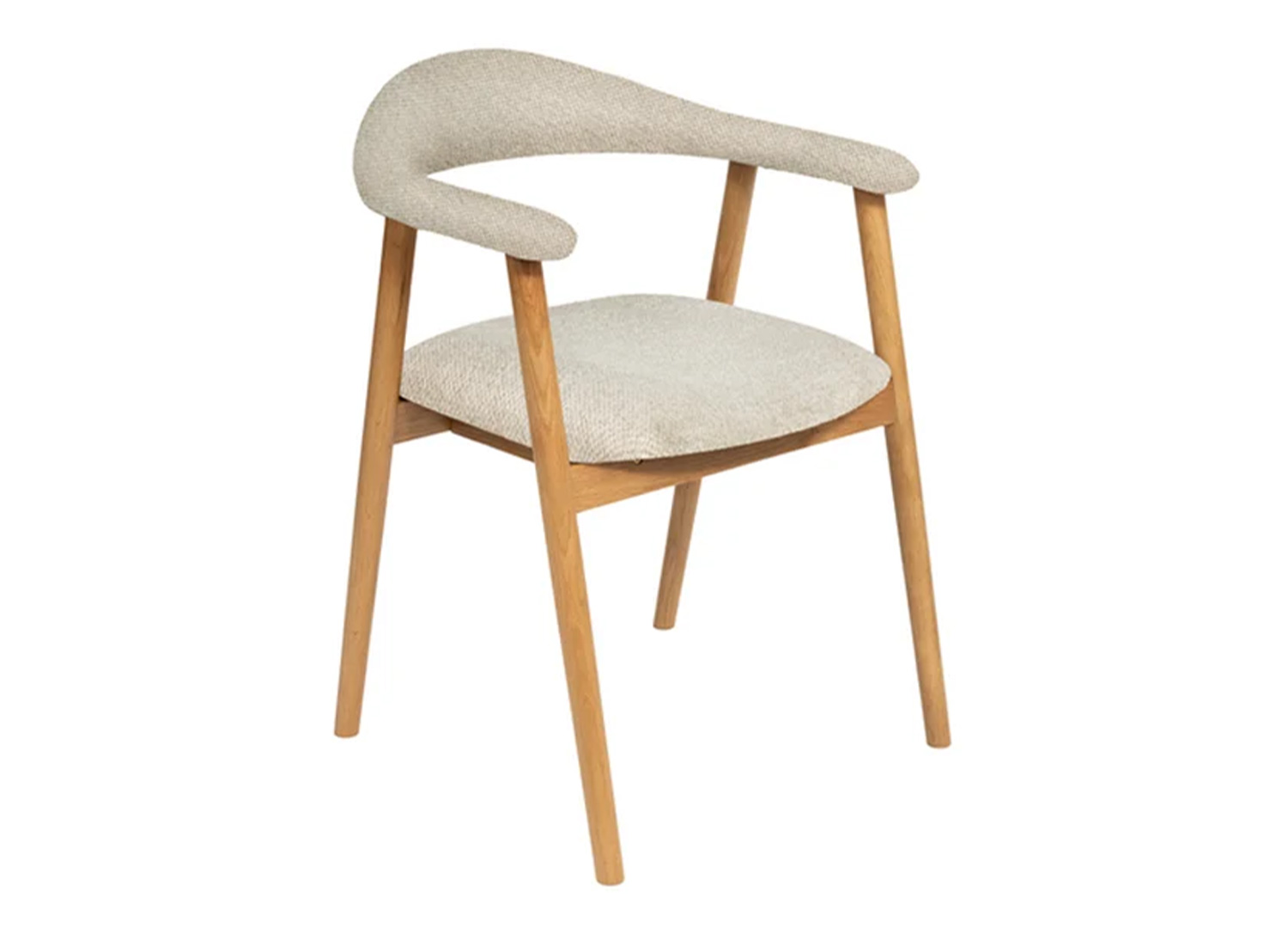Chaise ELVANO avec accoudoirs arrondis, structure en bois de chêne clair et assise rembourrée en tissu beige sur fond blanc