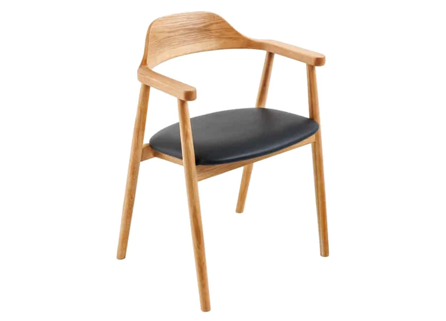 Chaise ELVANO en chêne clair avec accoudoirs, dossier incurvé en bois et assise rembourrée noire