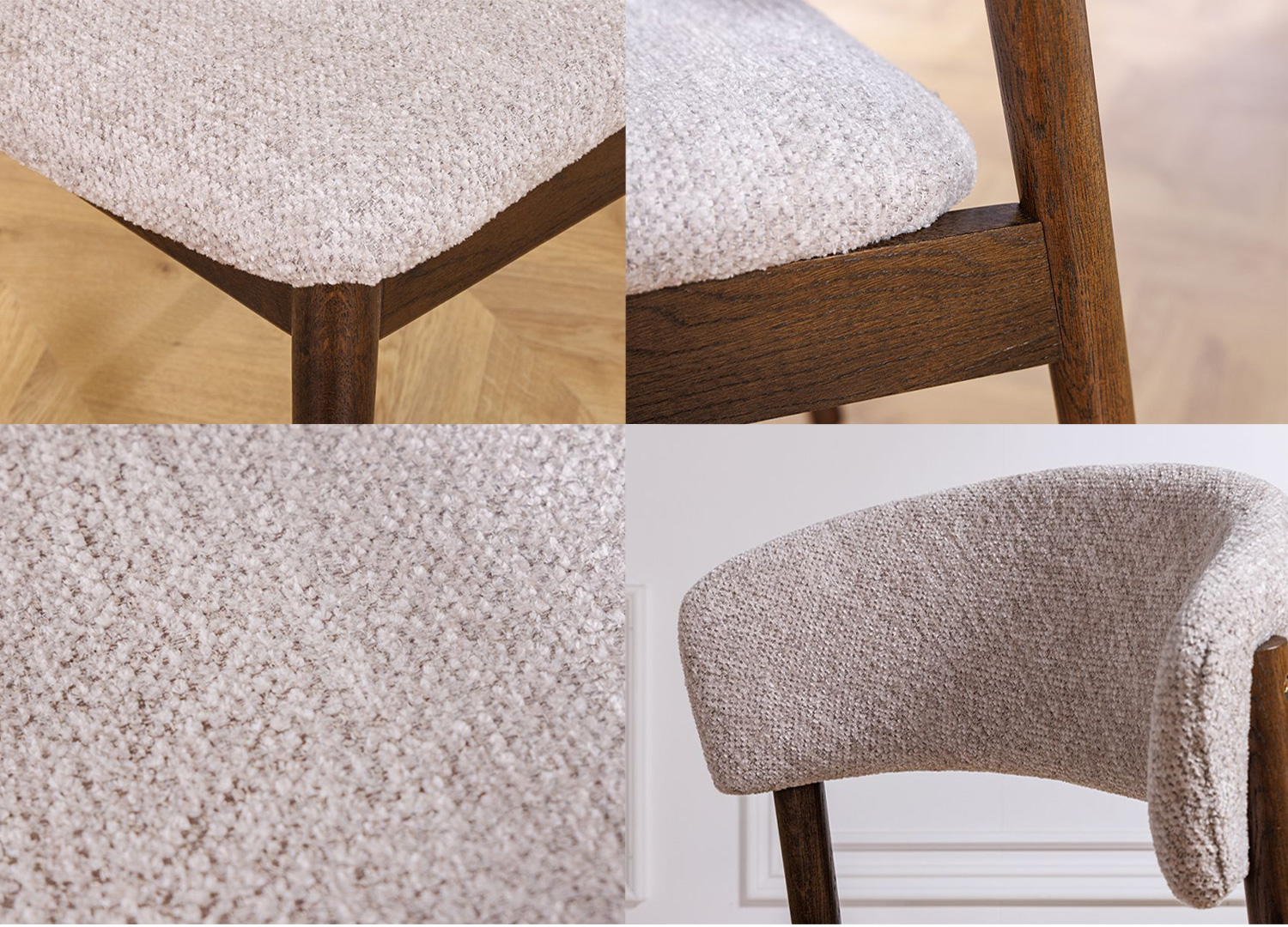 Montage de détails de la chaise ELVANO montrant le tissu beige texturé, les assemblages et la structure en bois brun