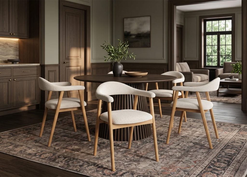 Chaises ELVANO en bois clair et tissu beige disposées autour d'une table ronde dans une salle à manger contemporaine