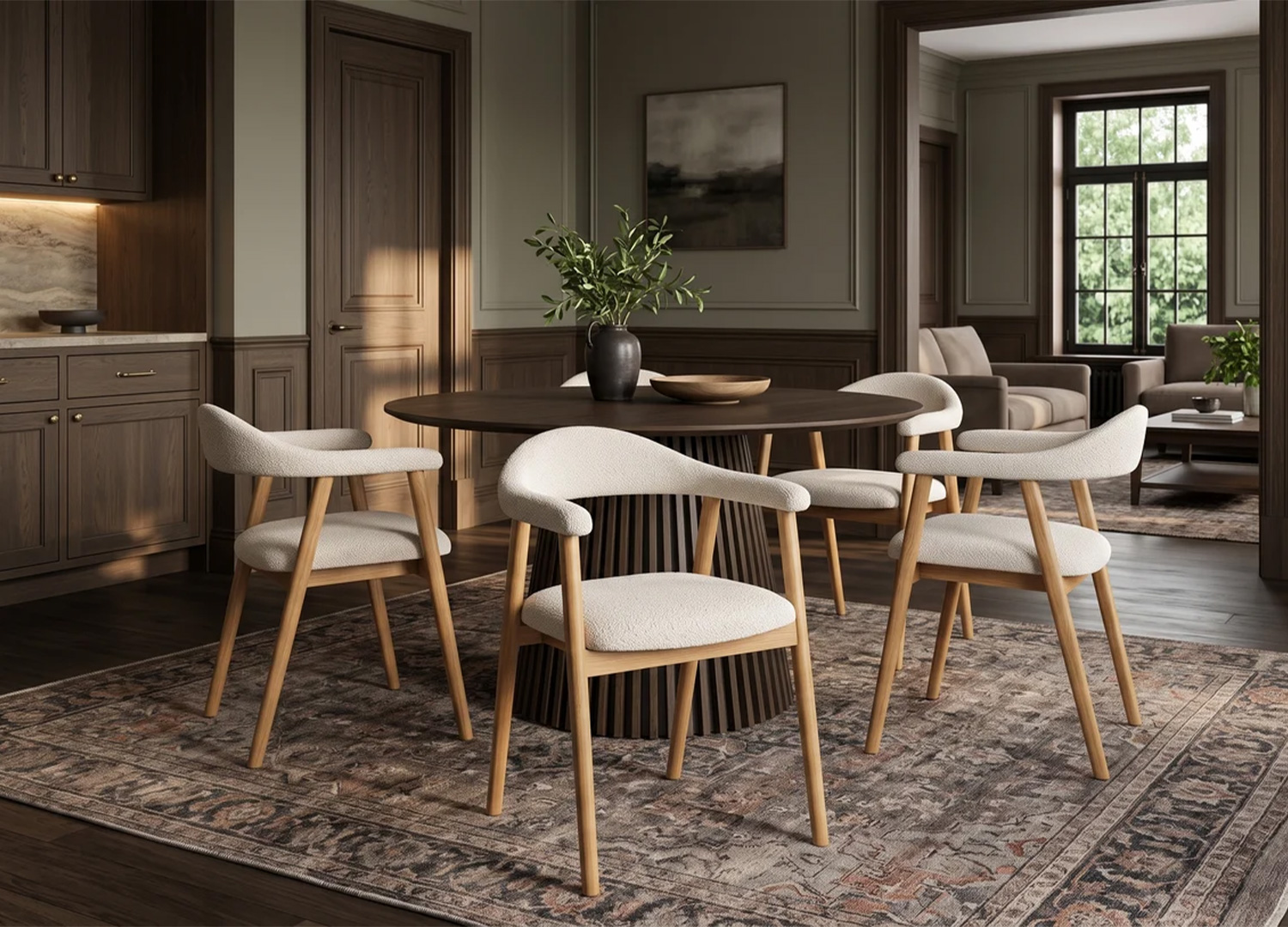 Chaises ELVANO en bois clair et tissu beige disposées autour d'une table ronde dans une salle à manger contemporaine