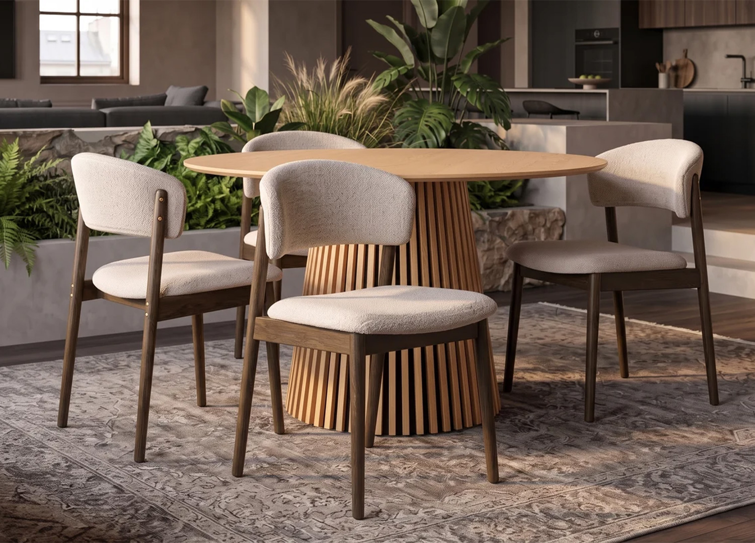Chaises ELVANO en bois brun et tissu beige disposées autour d'une table ronde dans une salle à manger contemporaine