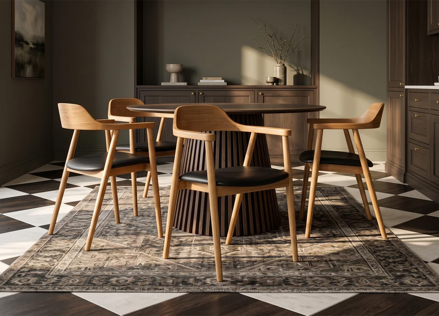 Chaises ELVANO en bois de chêne clair avec assise noire autour d'une table ronde dans une salle à manger
