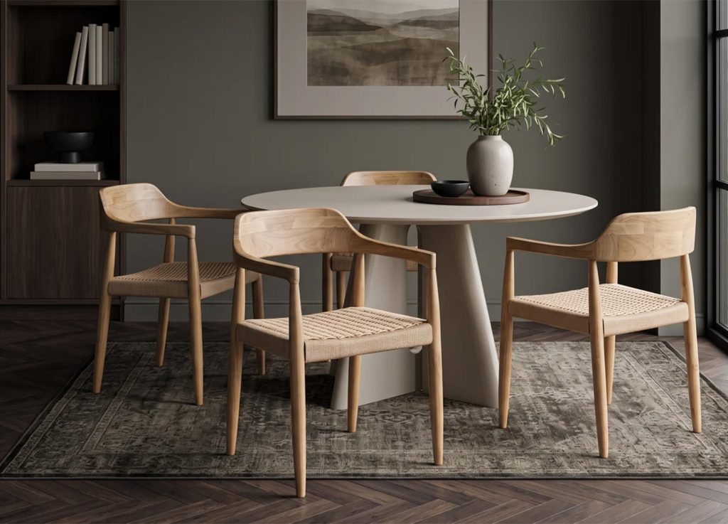 Chaises ELVANO en bois clair et assise tressée disposées autour d'une table ronde dans une salle à manger