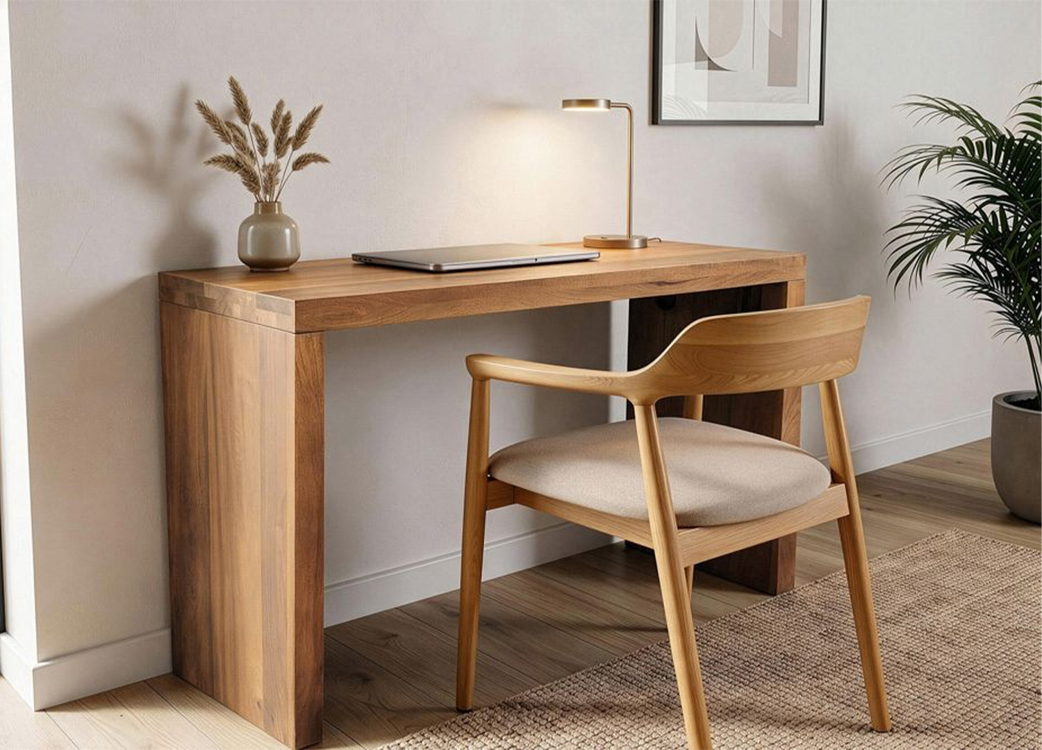 Console en bois de manguier aménagée en espace de travail dans un intérieur chaleureux