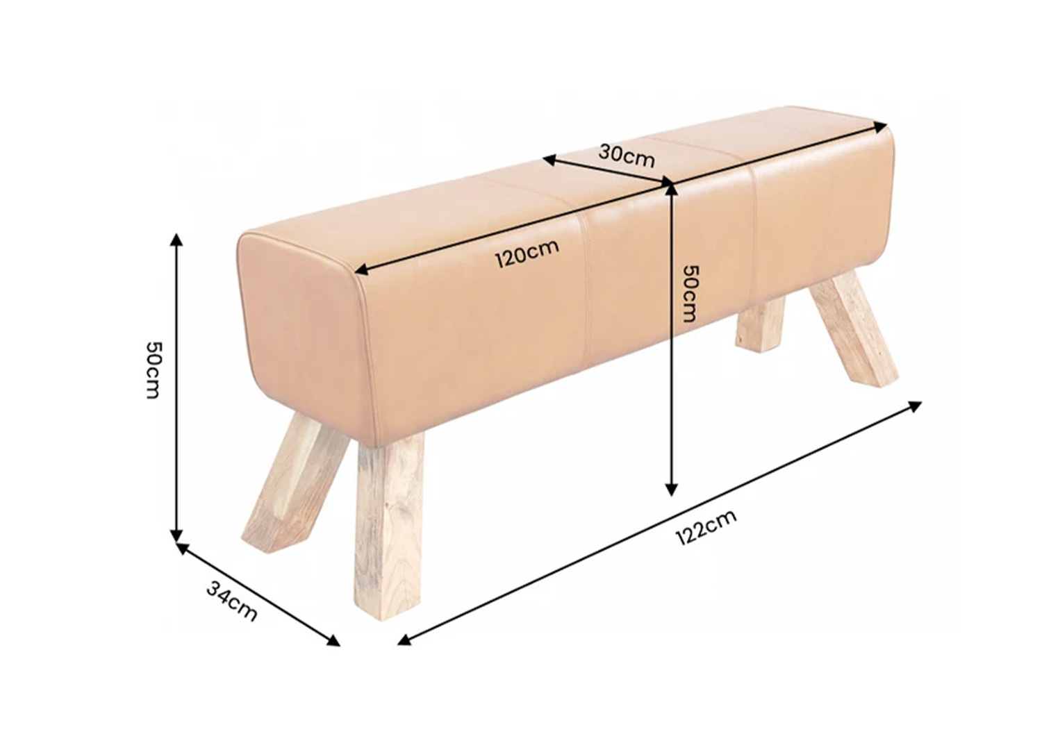 Schéma des dimensions du banc CALVEO : longueur 122 cm, profondeur 34 cm et hauteur 50 cm