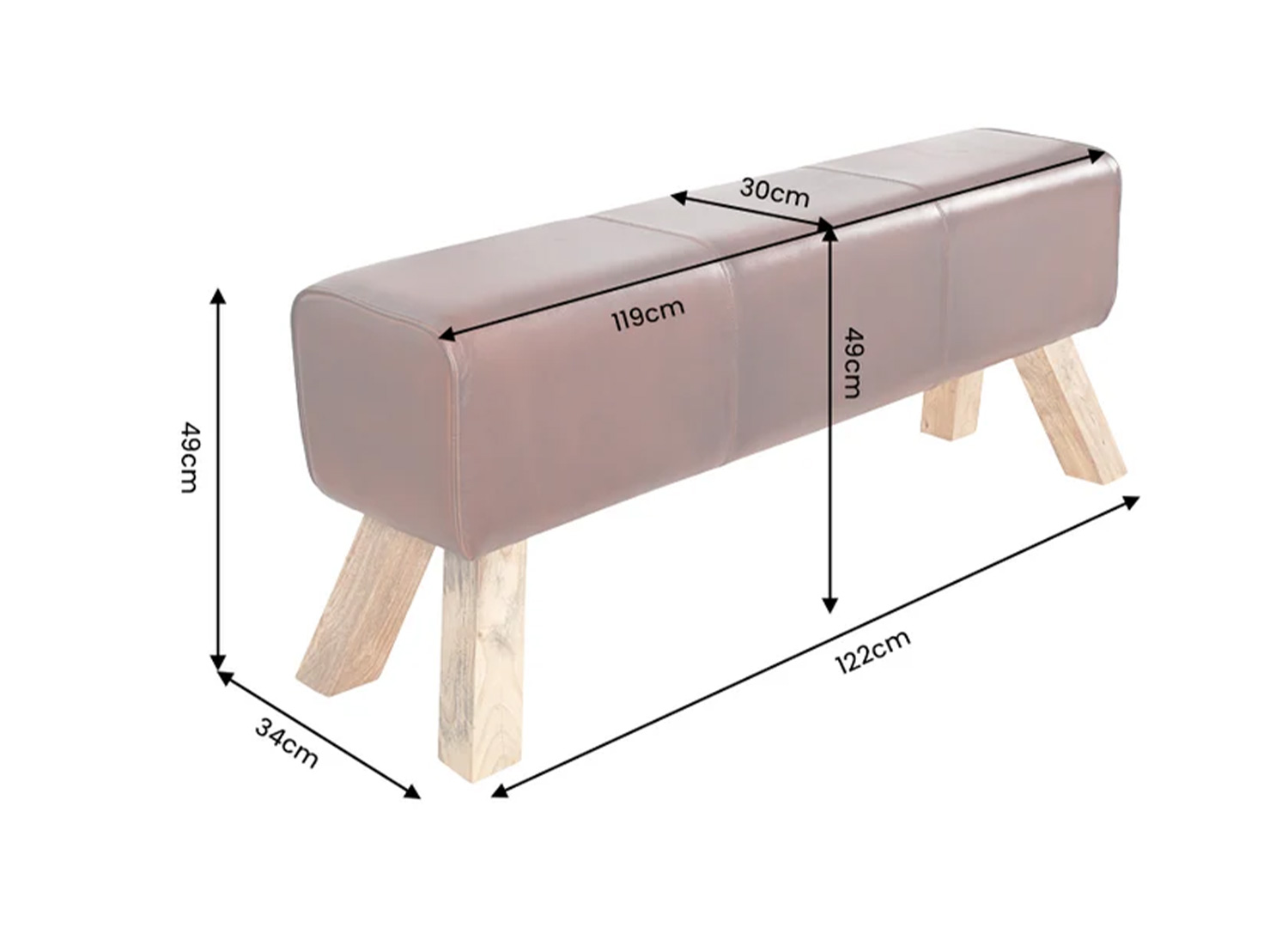 Schéma des dimensions du banc CALVEO marron café : longueur 122 cm, profondeur 34 cm et hauteur 49 cm