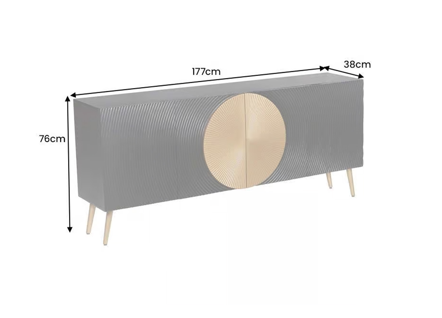 Schéma des dimensions du buffet noir et doré : longueur 177 cm, largeur 38 cm, hauteur 76 cm