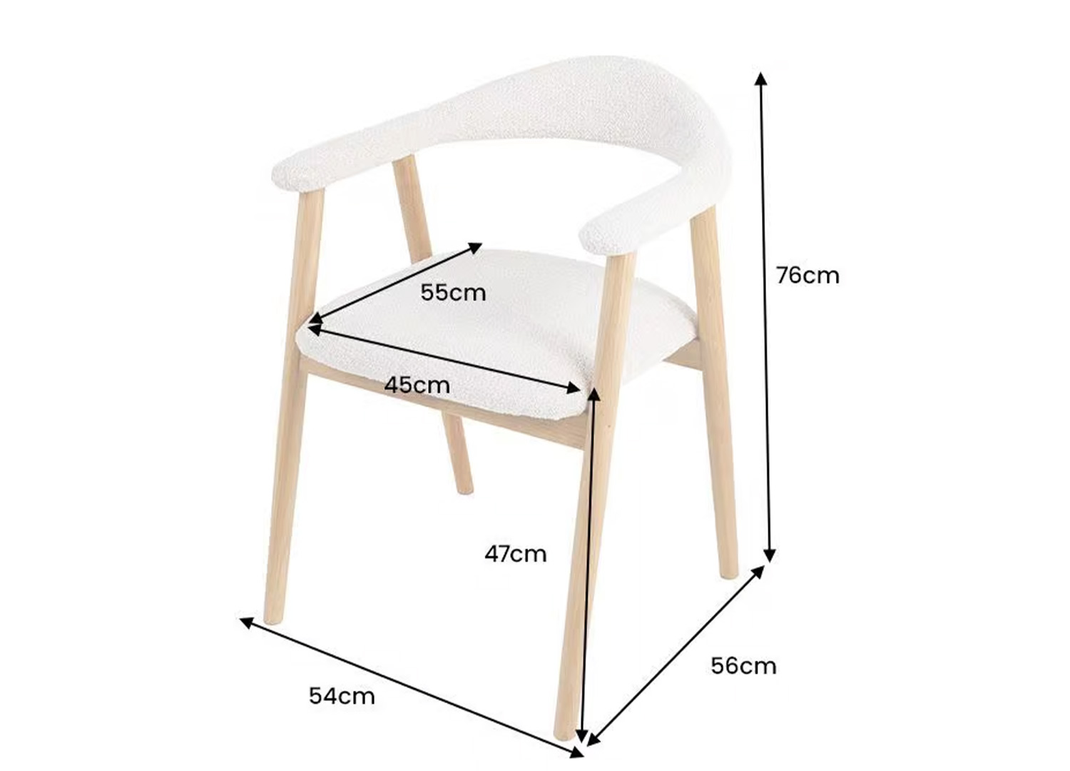 Schéma des dimensions de la chaise ELVANO : largeur 54 cm, profondeur 56 cm, hauteur 76 cm et hauteur d'assise 47 cm
