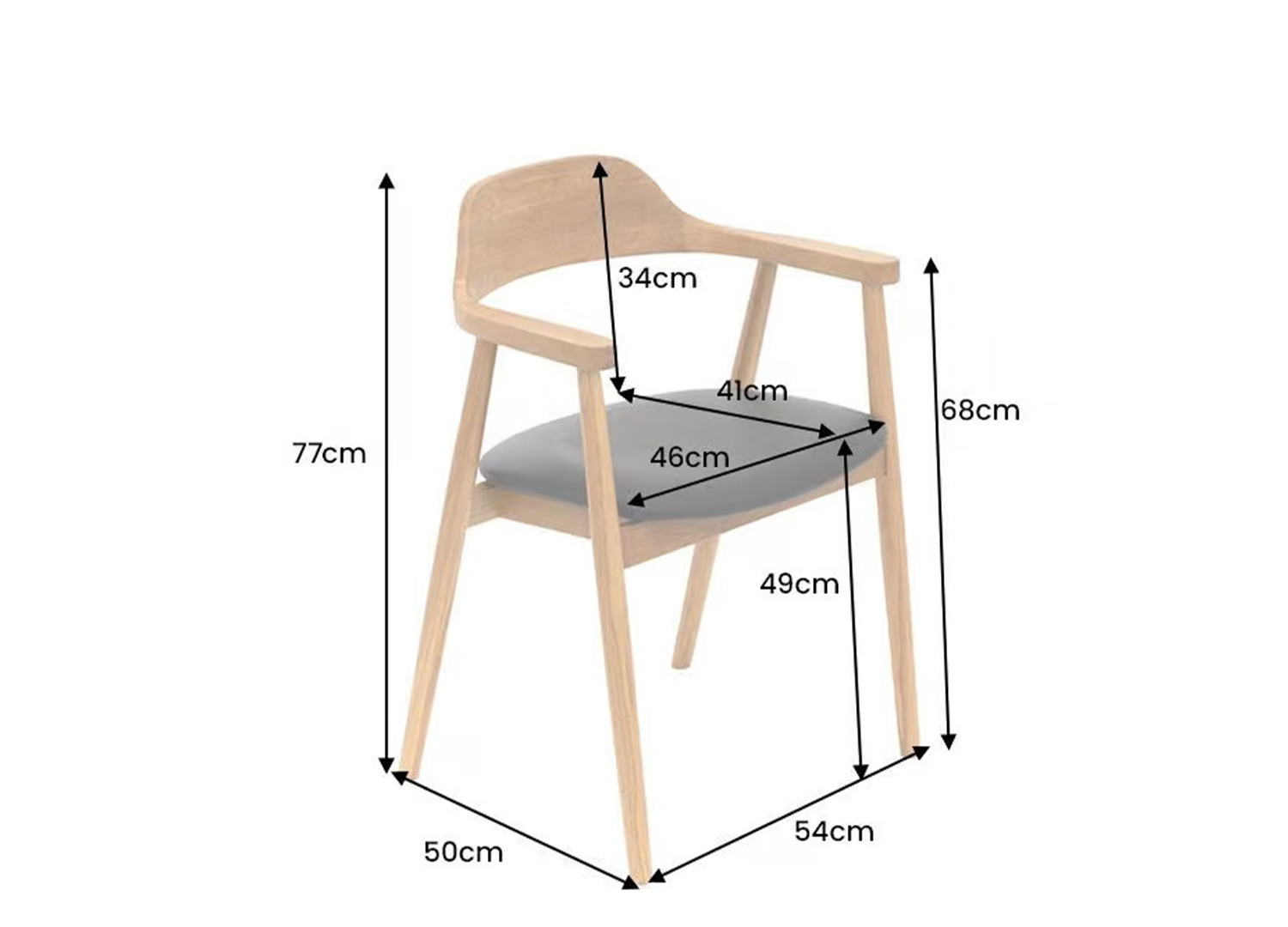 Dimensions de la chaise ELVANO : largeur 50 cm, profondeur 54 cm, hauteur 77 cm et assise à 49 cm
