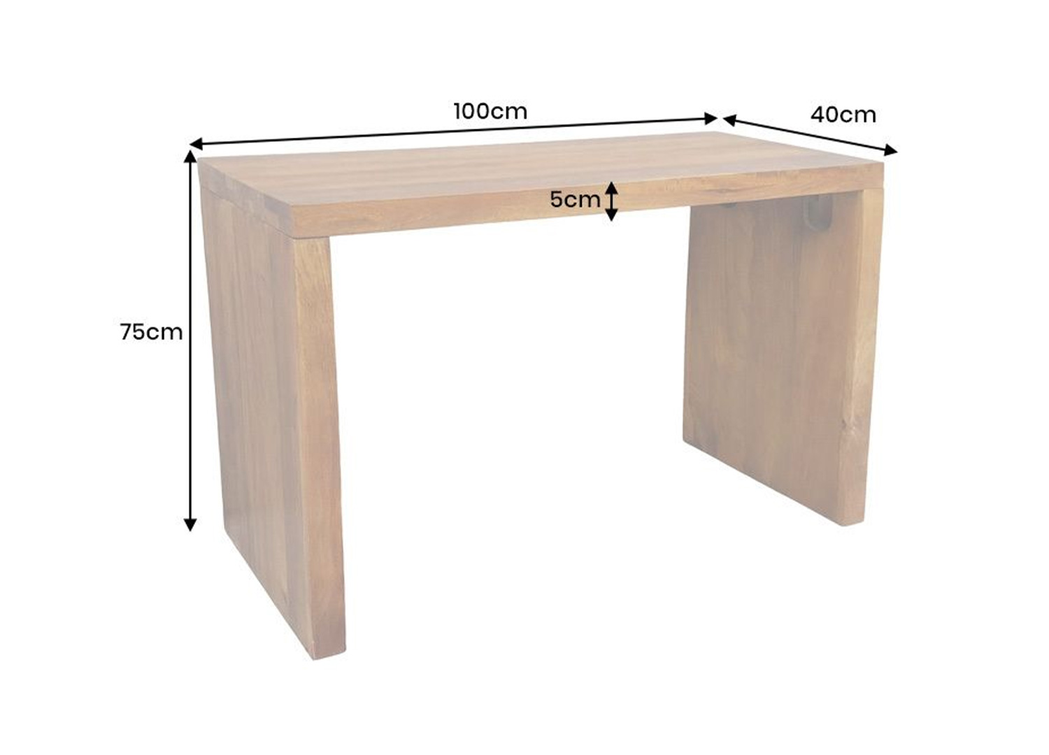 Schéma des dimensions de la console bureau en manguier avec plateau épais et pieds panneaux