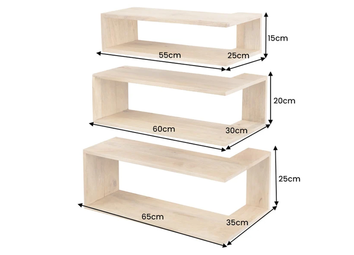 Dimensions des étagères d'angle WOODRIVA en manguier : largeurs 55, 60 et 65 cm, profondeurs 25, 30 et 35 cm