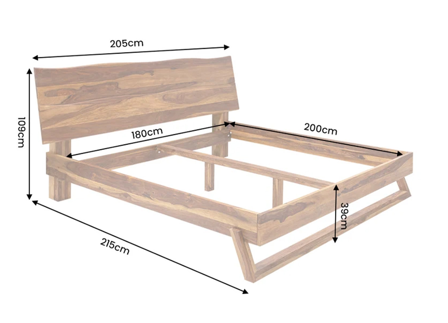 Dimensions du lit TAVORA : largeur 205 cm, longueur 215 cm, hauteur de tête de lit 109 cm et couchage 180x200 cm