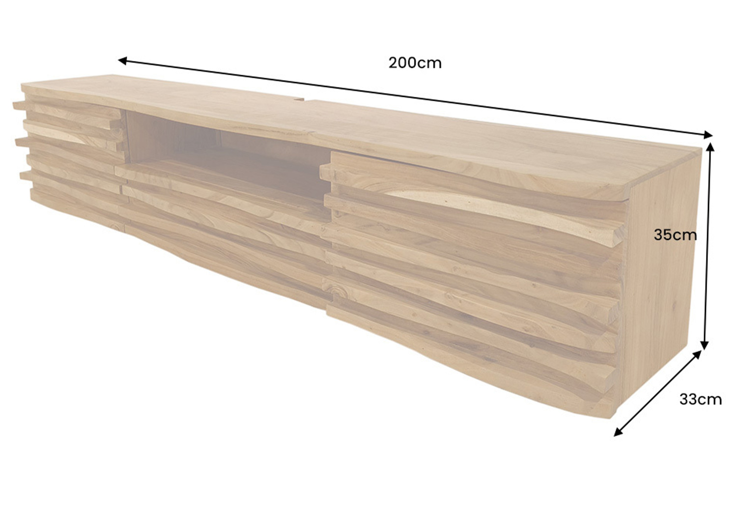 Schéma des dimensions du meuble TV suspendu : largeur 200 cm, hauteur 35 cm et profondeur 33 cm