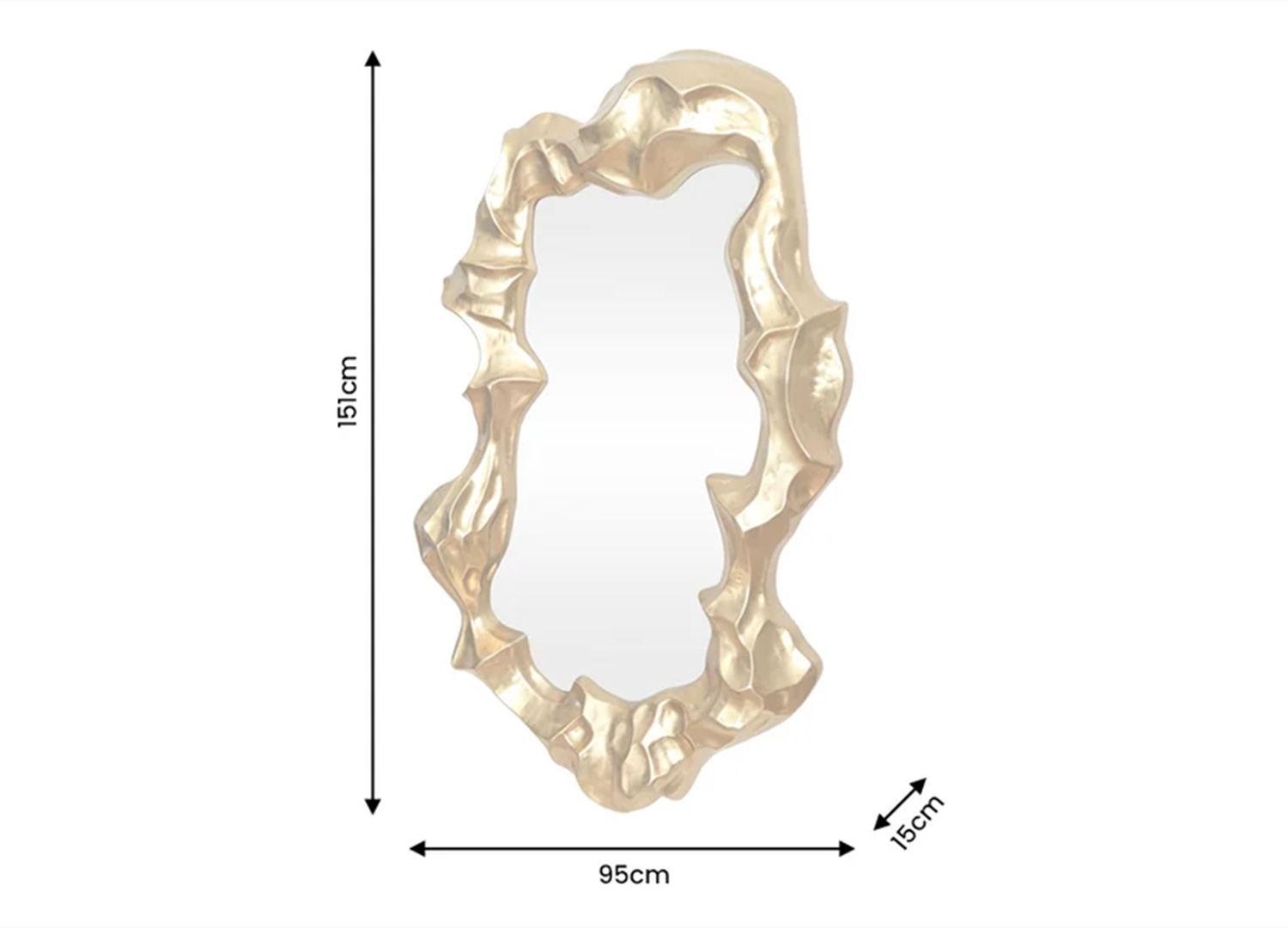 Schéma des dimensions du miroir mural doré : hauteur 151 cm, largeur 95 cm et profondeur 15 cm