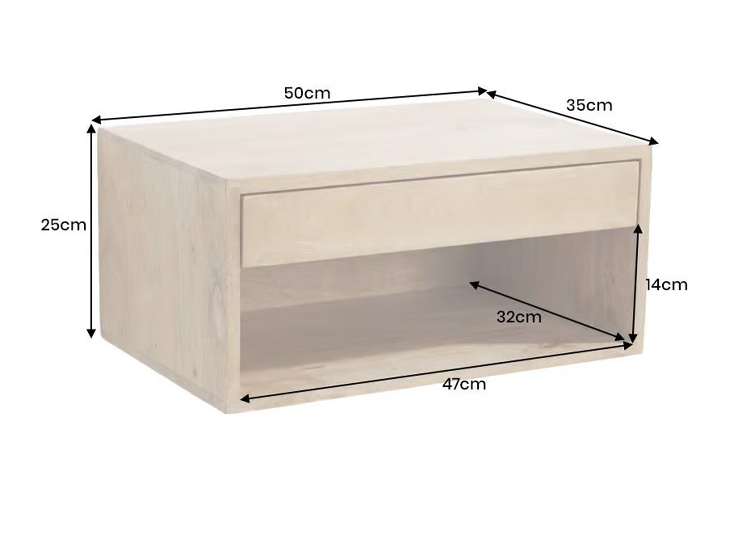 Schéma des dimensions de la table de chevet suspendue avec tiroir et niche ouverte