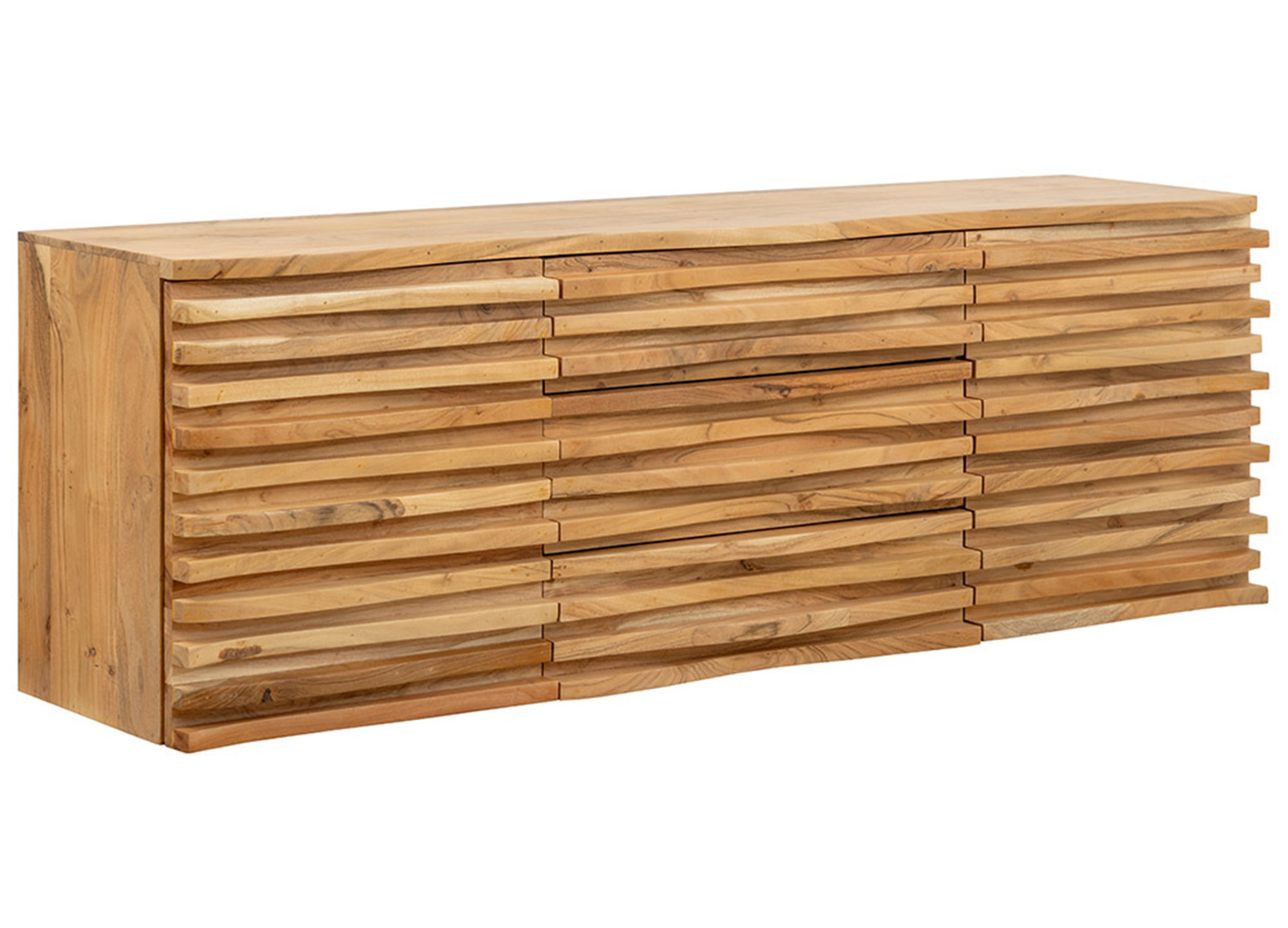 Enfilade suspendue en bois d’acacia naturel vue de trois quarts sur fond blanc