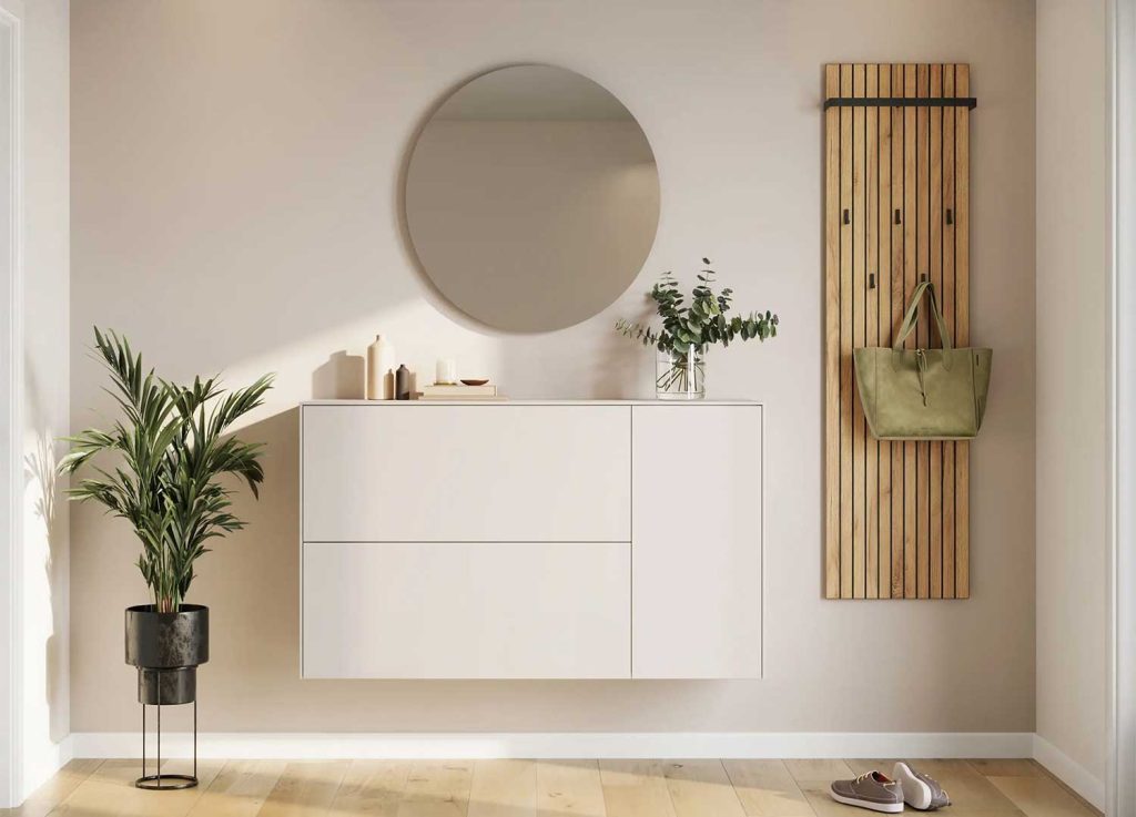 Ensemble d'entrée MONTELLO avec meuble à chaussures suspendu cachemire, miroir rond et porte-manteau bois