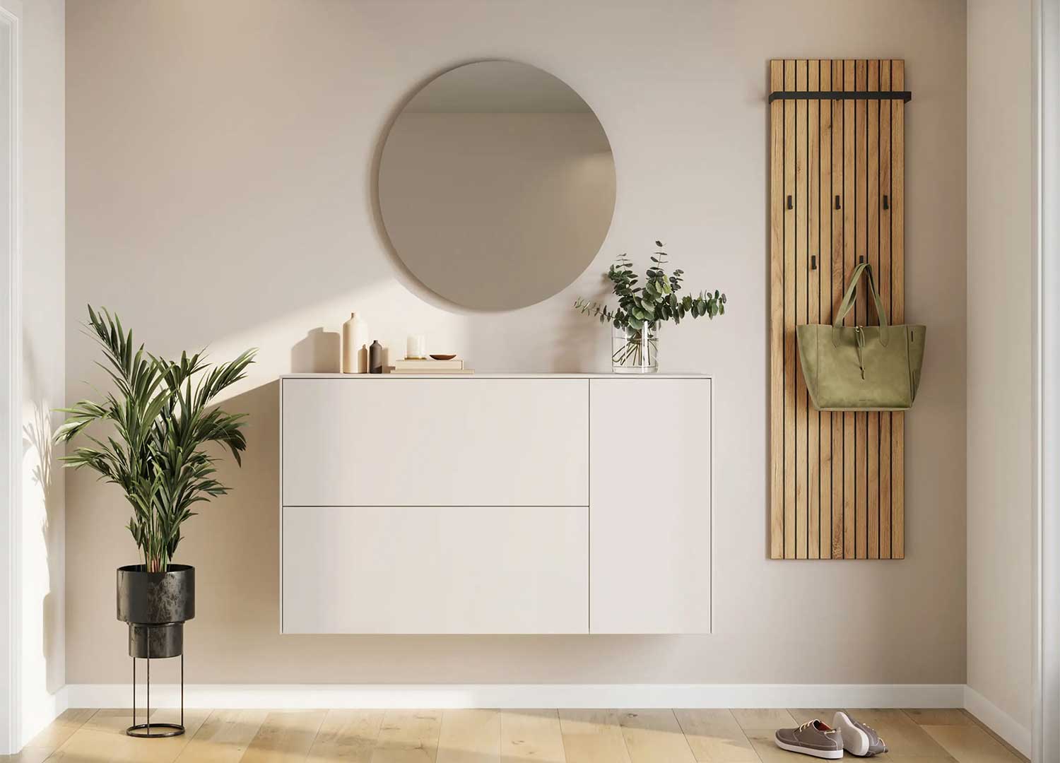 Ensemble d'entrée MONTELLO avec meuble à chaussures suspendu cachemire, miroir rond et porte-manteau bois