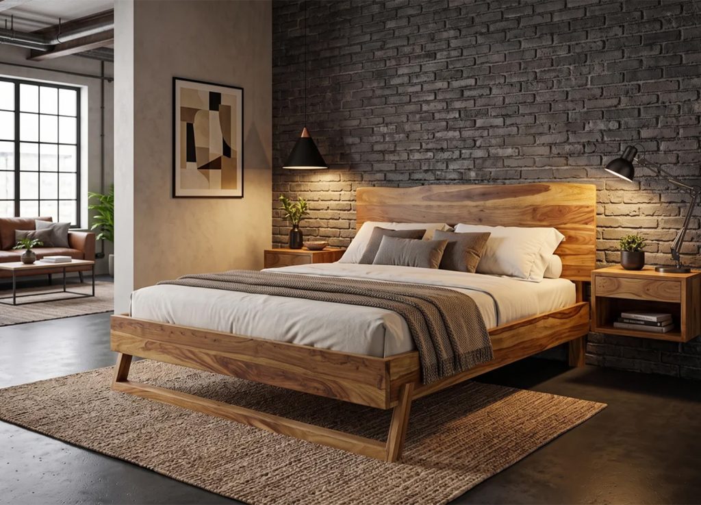 Lit double TAVORA 180x200 cm en sheesham brun avec tête de lit en bois et piètement incliné dans une chambre industrielle